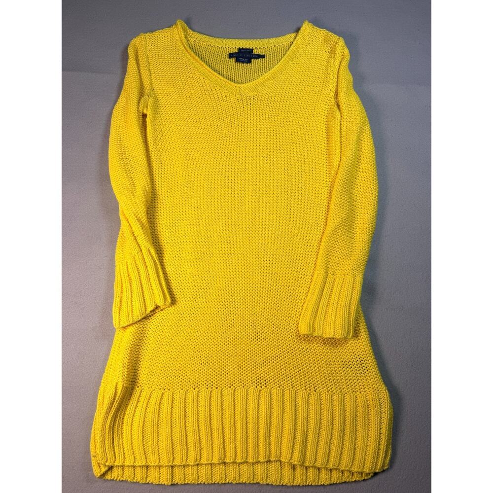 Ralph Lauren Hand Knit 100% Linen Sweater Yellow V-Neck Small Tunic Length